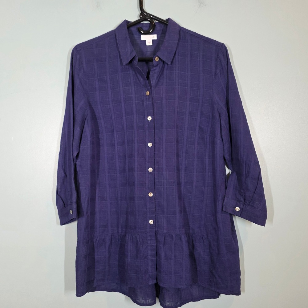 JJill Women Navy Blue Textured Windowpane Cotton Peplum Tunic Shirt Small Summer